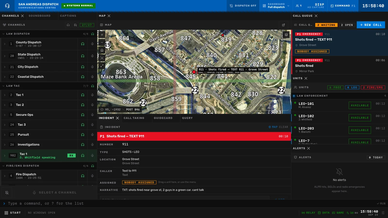 San Andreas Dispatch console showing a TEXT 911 call on the map at Grove Street